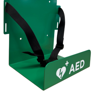 Universele AED wandbeugel groen staand met bevestigingsband
